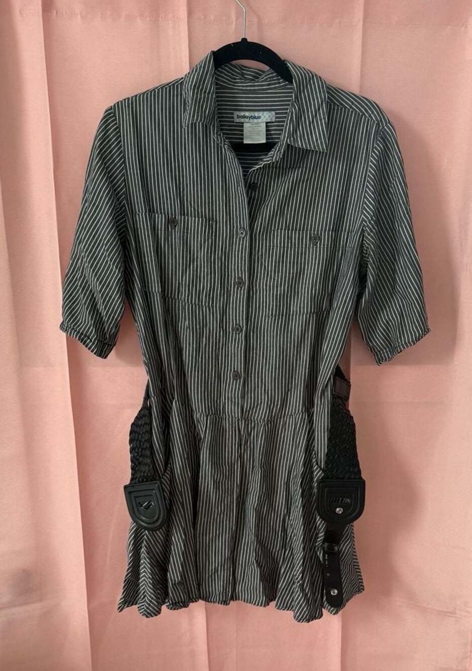 baileyblue Women's Striped Short Sleeve Collared Shirt Dress with Woven Belt